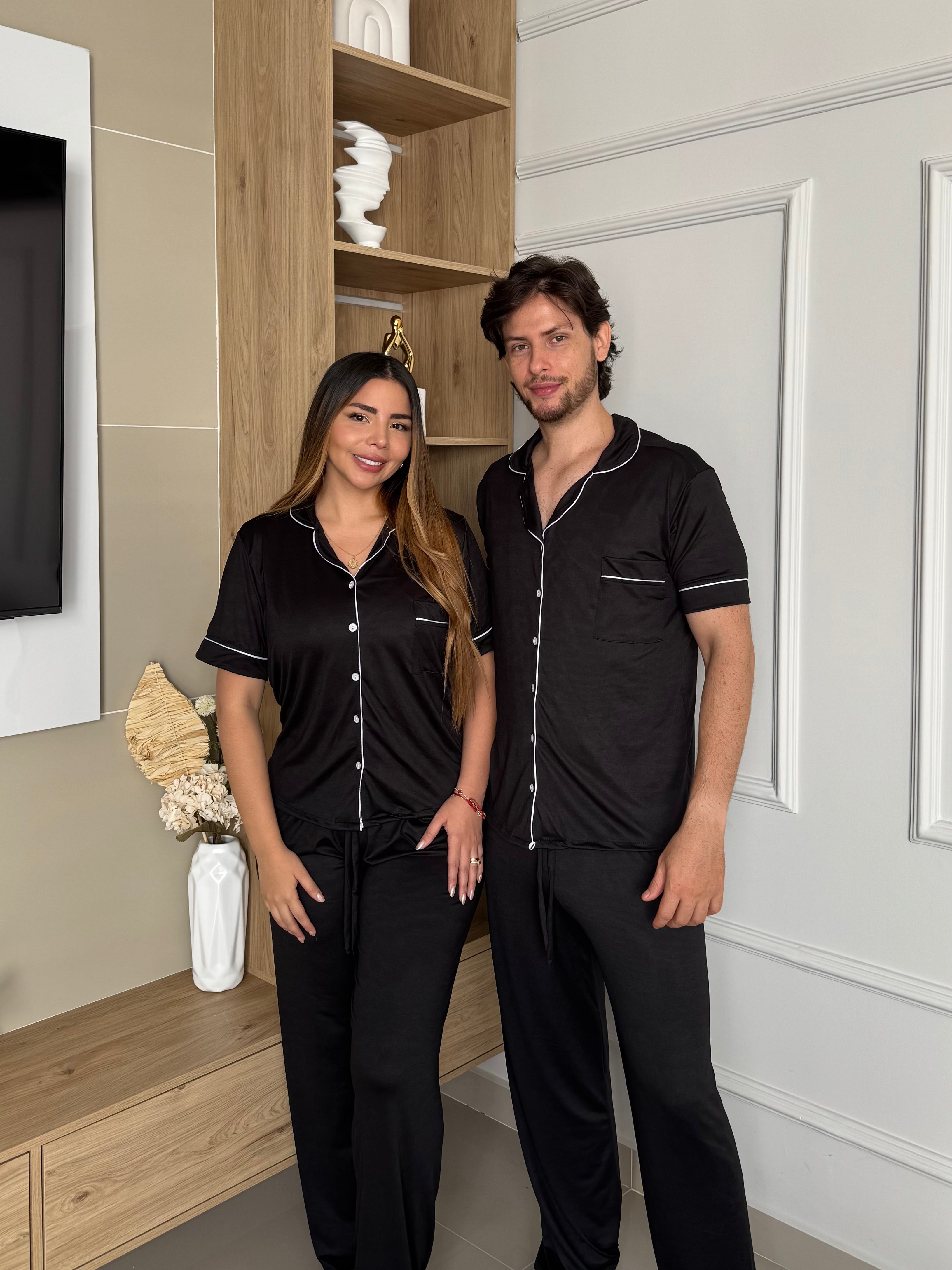 Pijama Botones Mujer Pantalón Color Negro Pareja