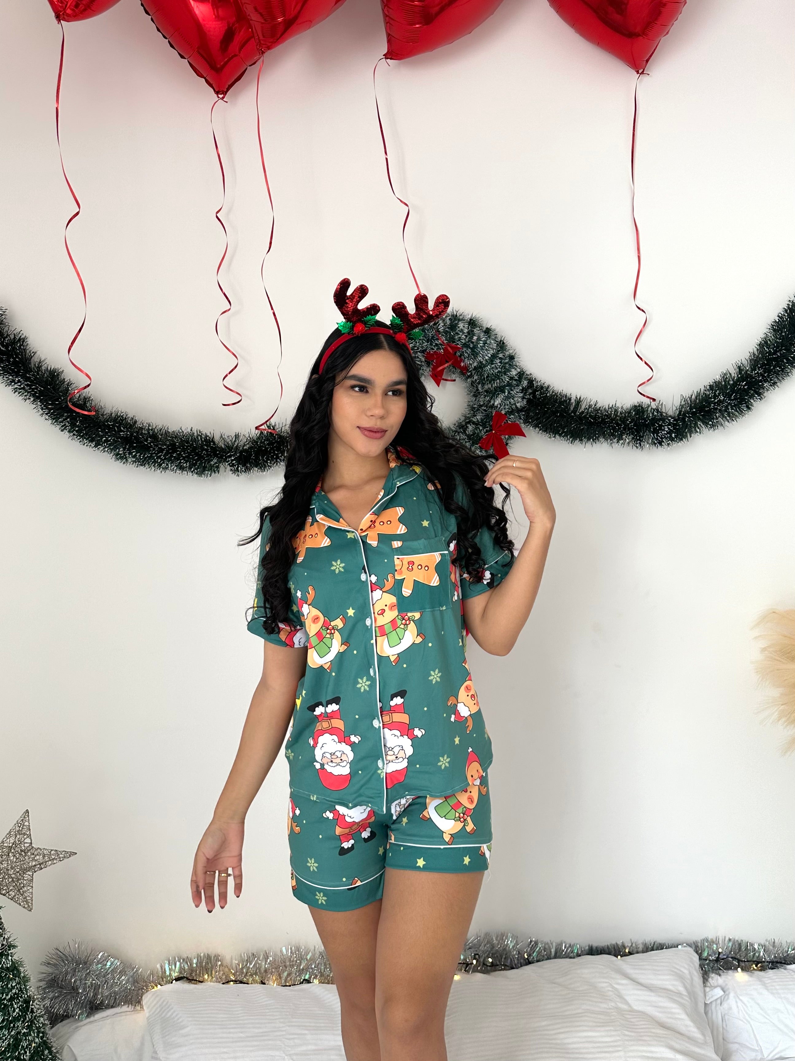 Pijama navideña de DAMA botones SHORT referencia RENO VERDE