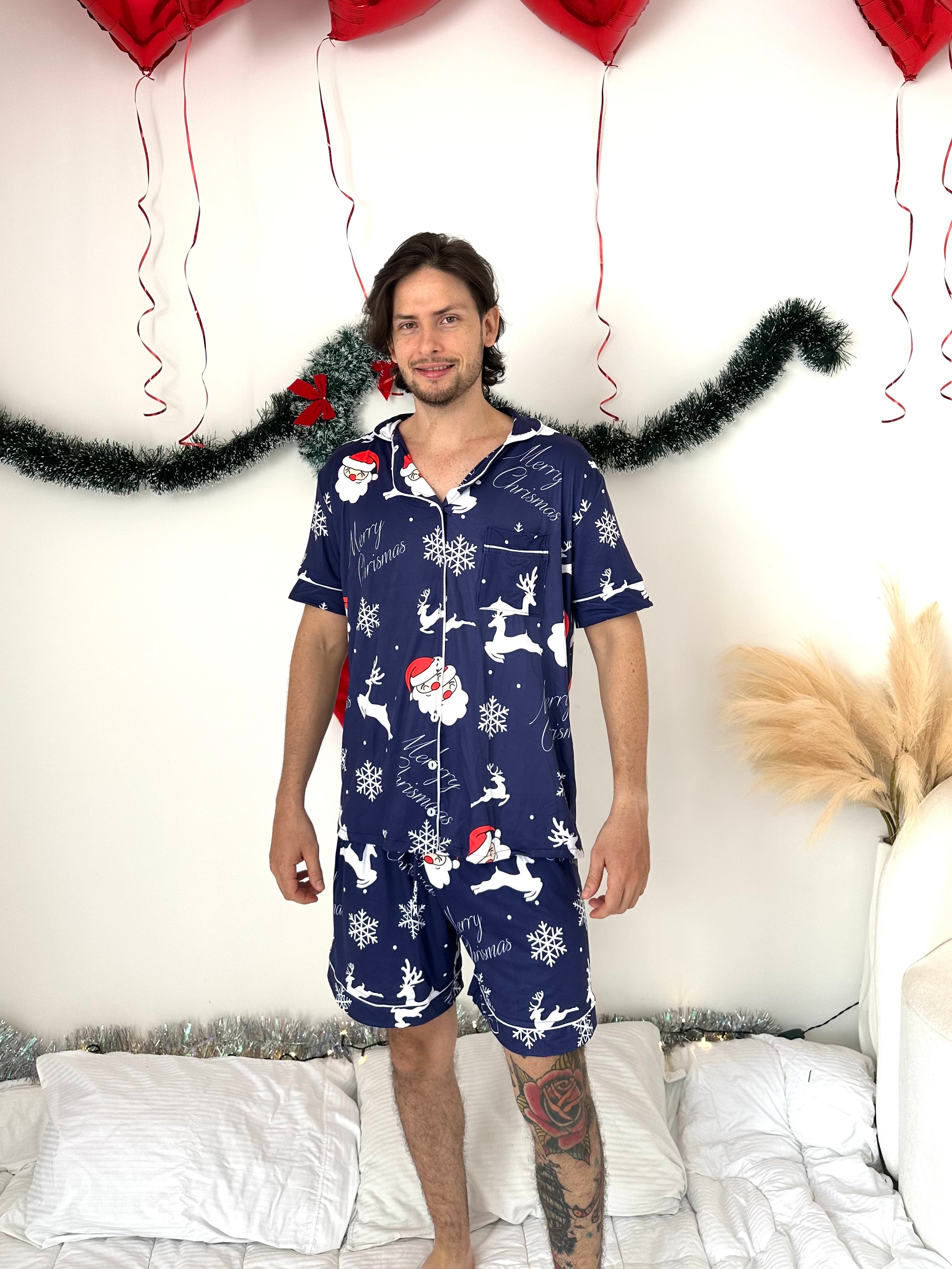 Pijama navideña de CABALLERO botones PANTALONETA Papá Noel Azul Marino