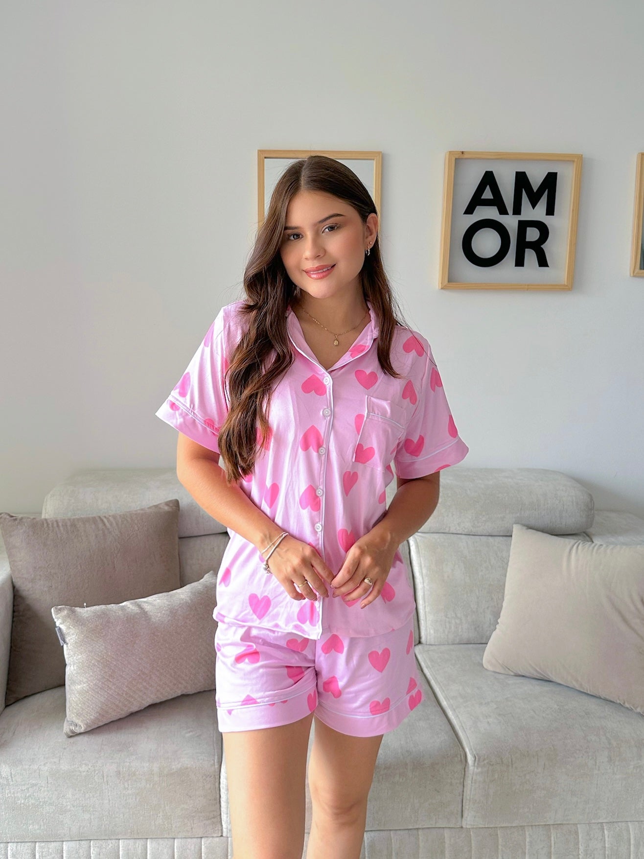 Pijama Referencia Botones Short Referencia corazones rosa