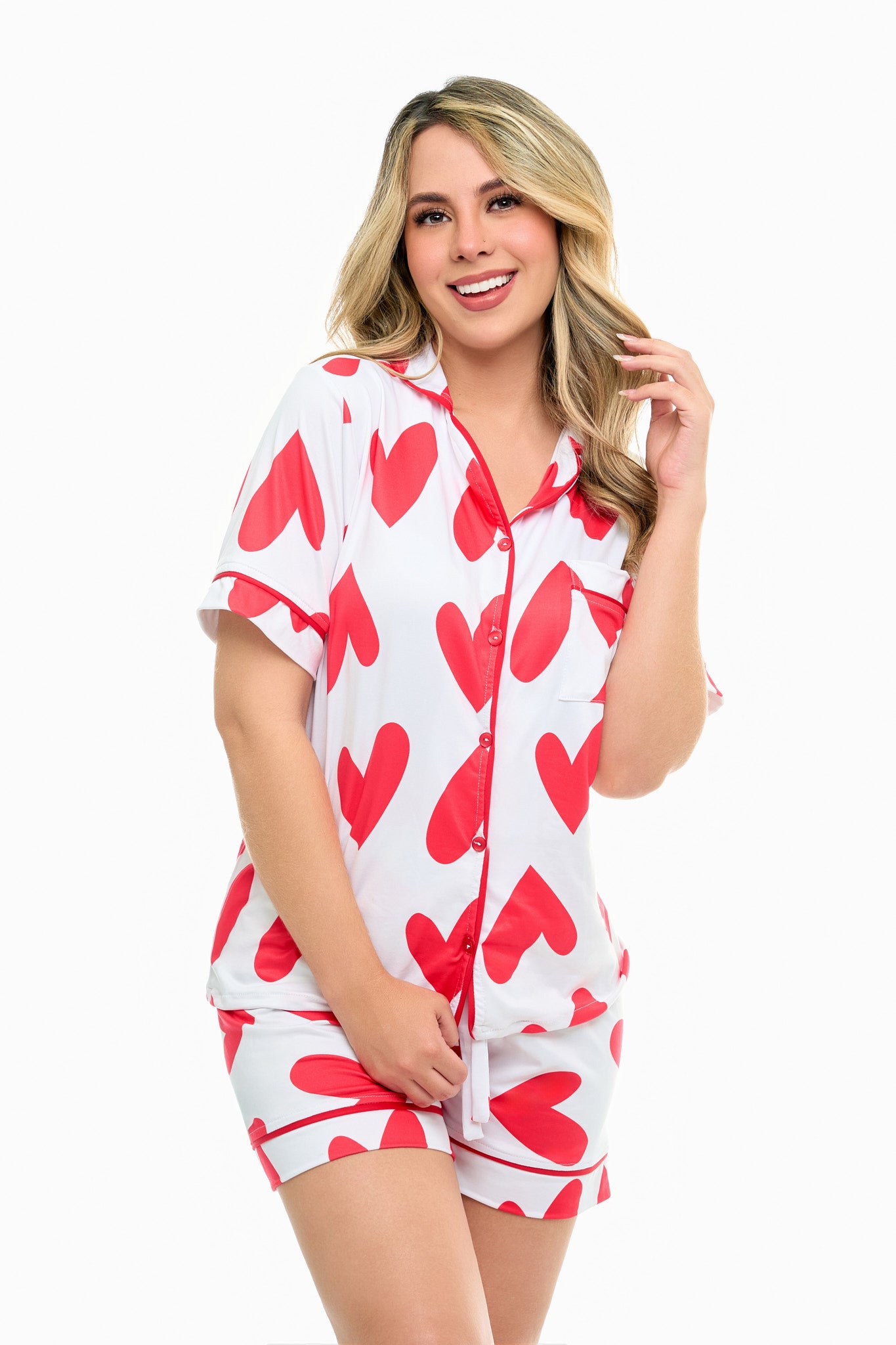 Pijama Para Mujer Con Estampado De Corazones - Conjunto De 2 Piezas En Algodón, Botones Y Ribetes Rojos