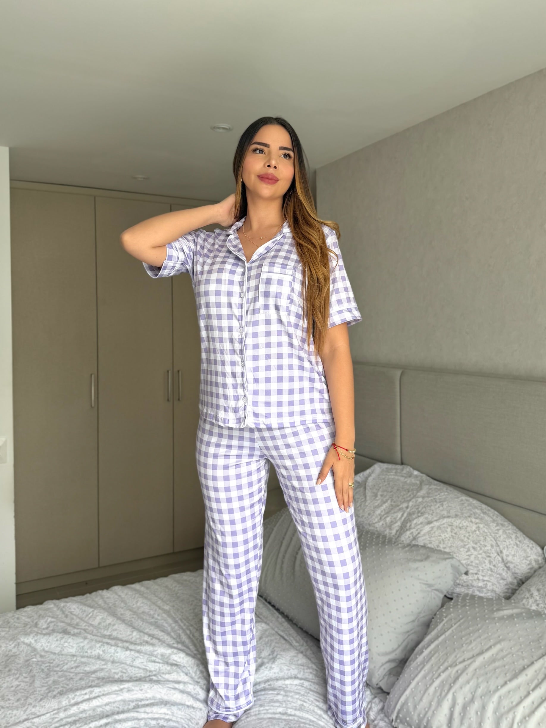 Pijama Referencia Botones Pantalón Referencia Cuadros Lila