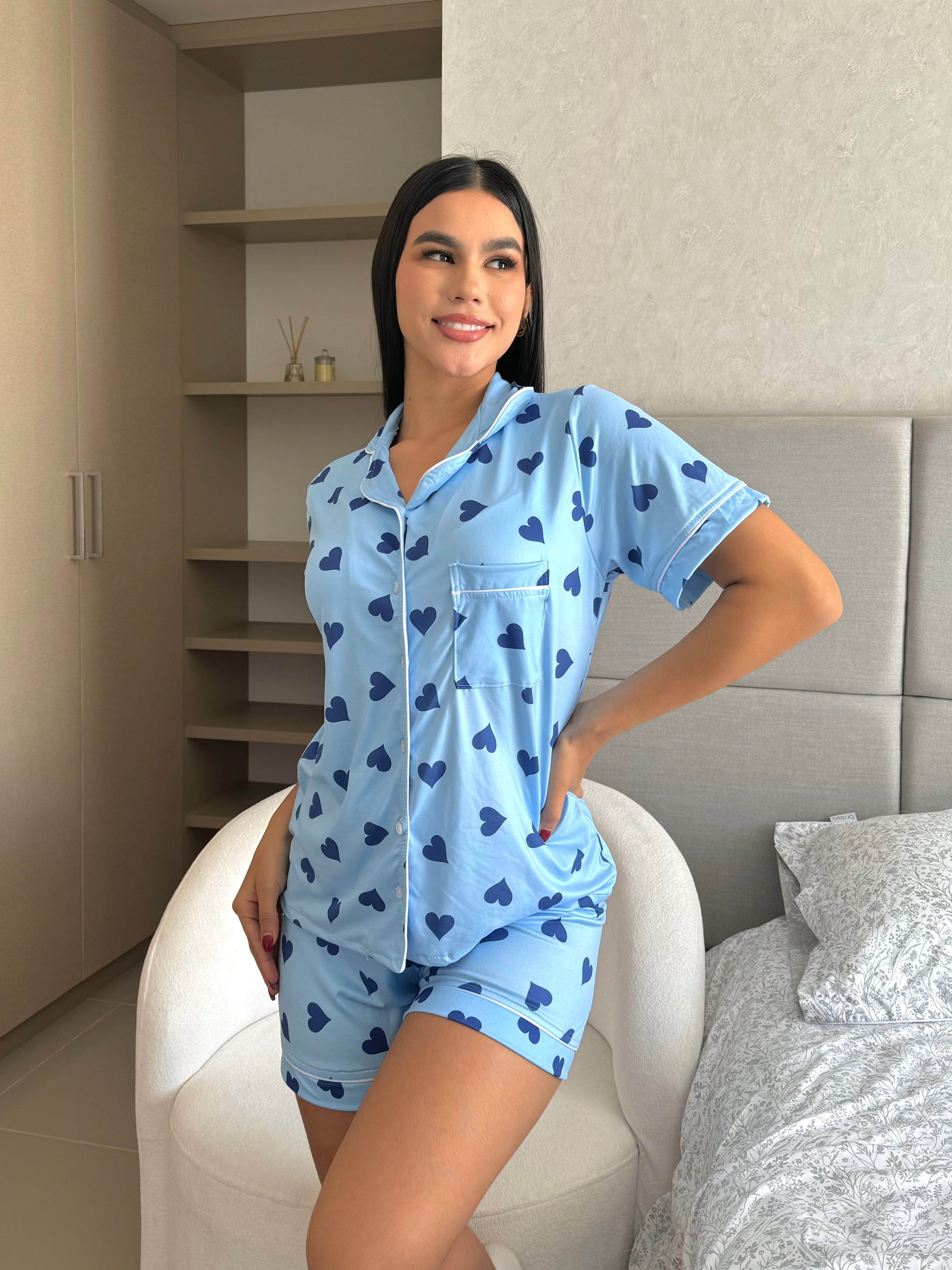 Pijama Referencia Botones Corazones Azul