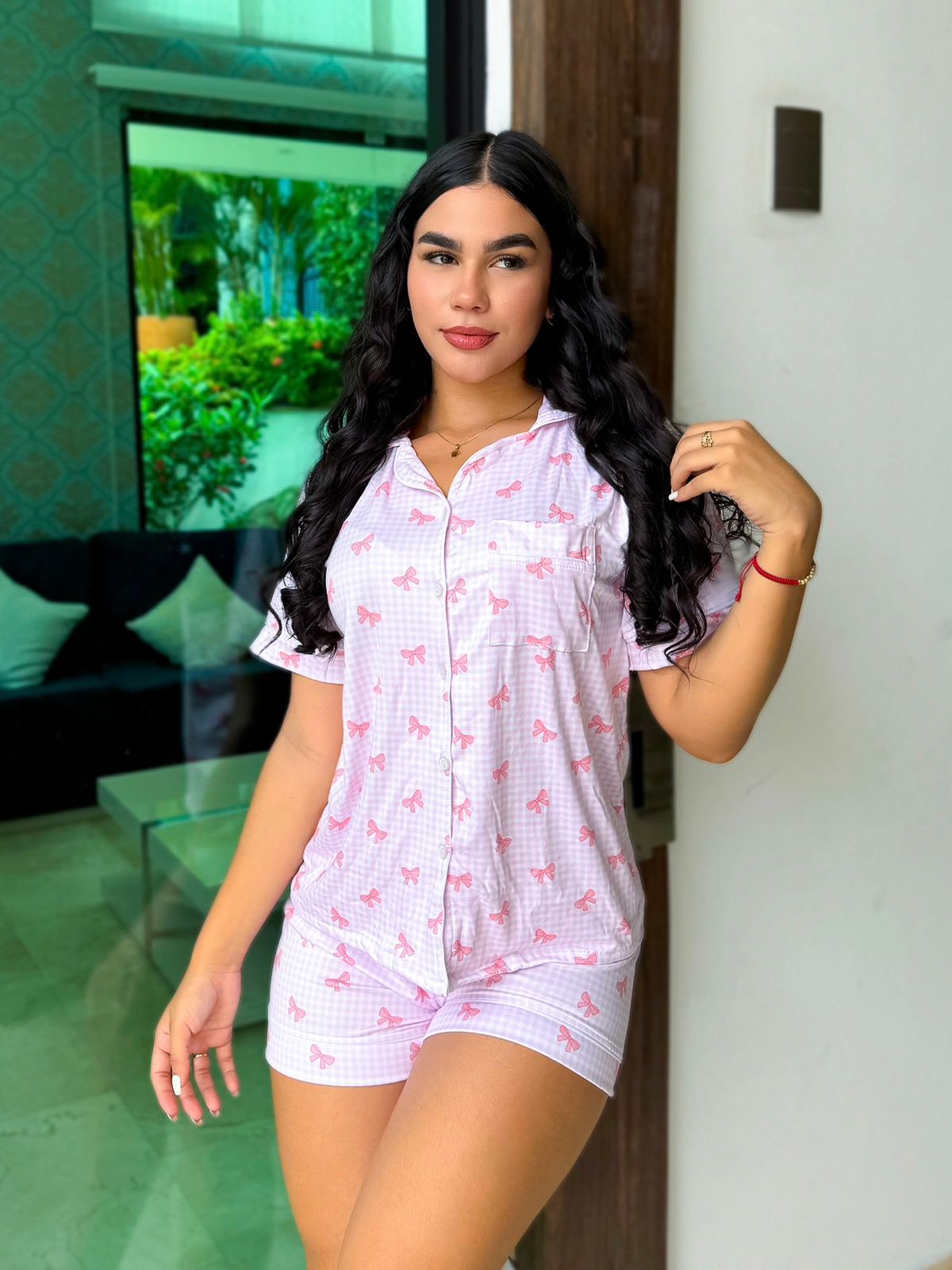 Pijama Referencia Botones Short Referencia Moñitos Rosa