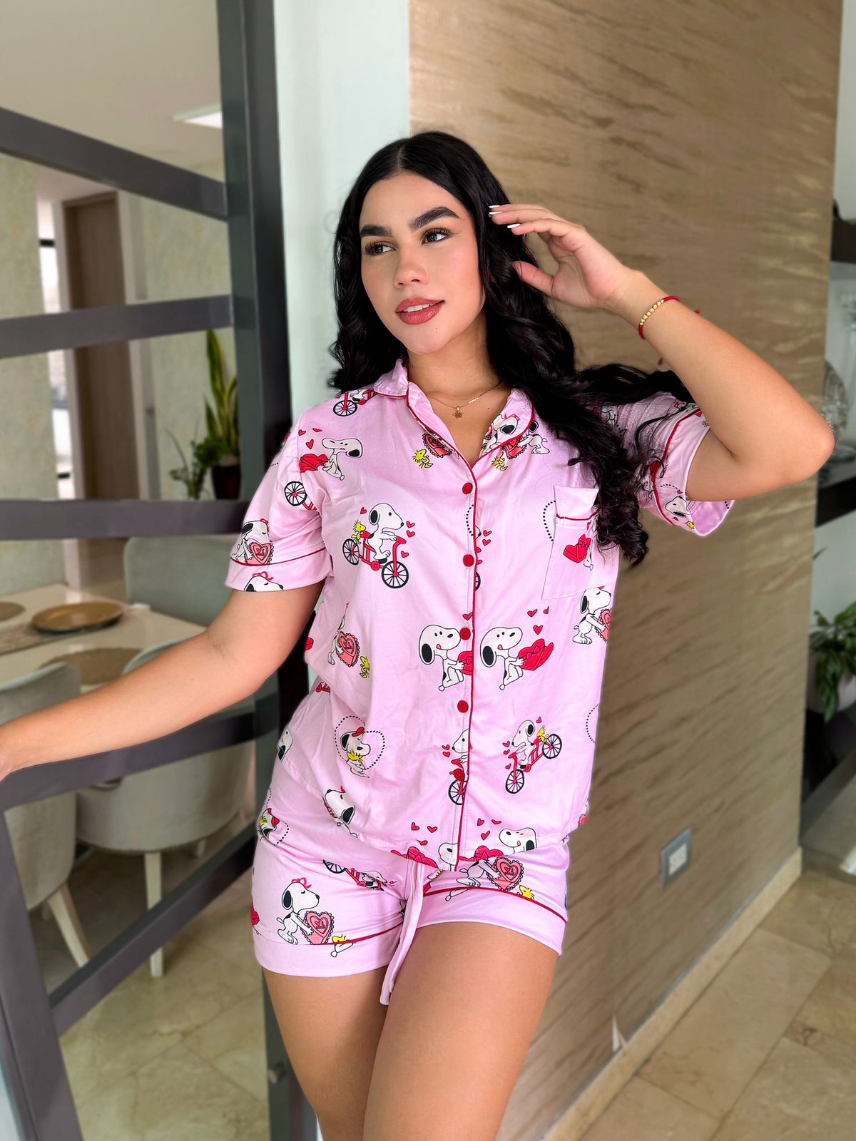 Pijama Referencia Botones Short Referencia Snoppy Corazones