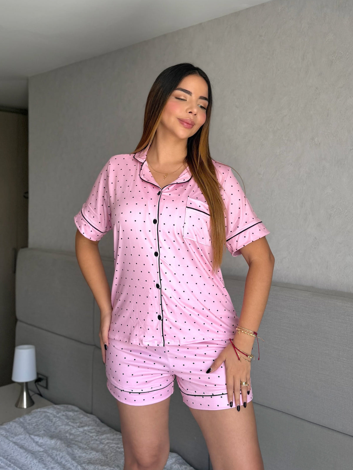 Pijama Referencia Botones Short Puntos Rosa