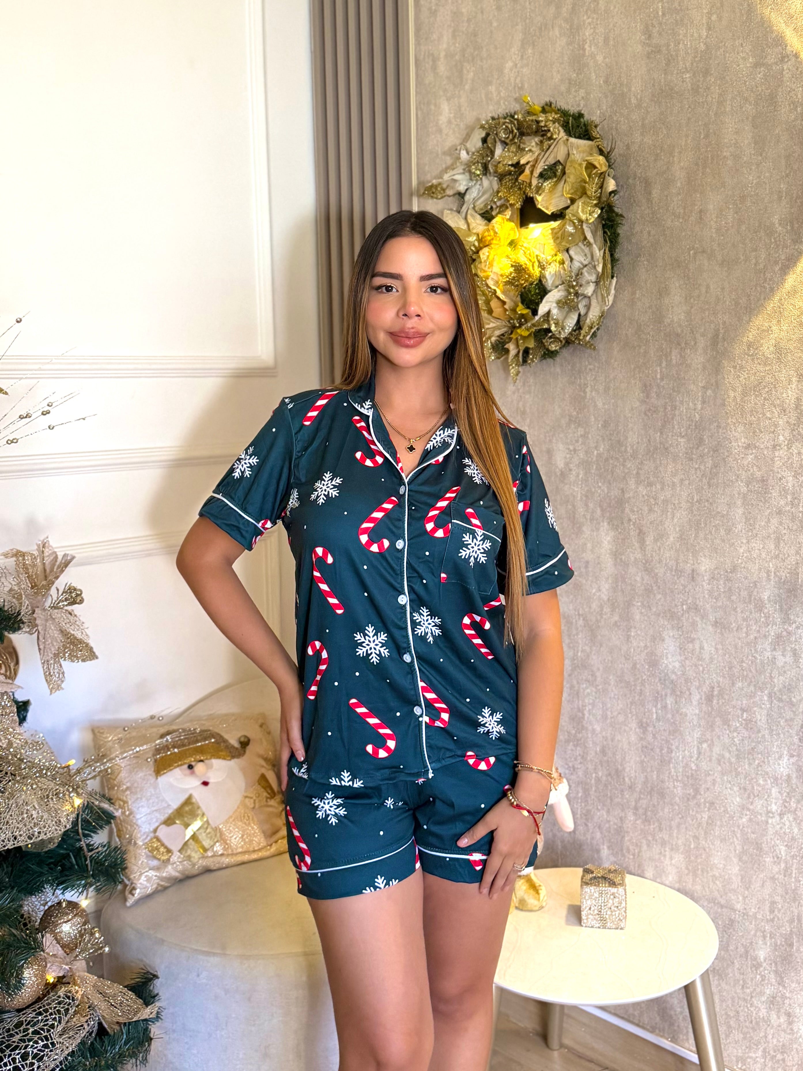 Pijama Navideña de Dama botones Short referencia Verde Navideño