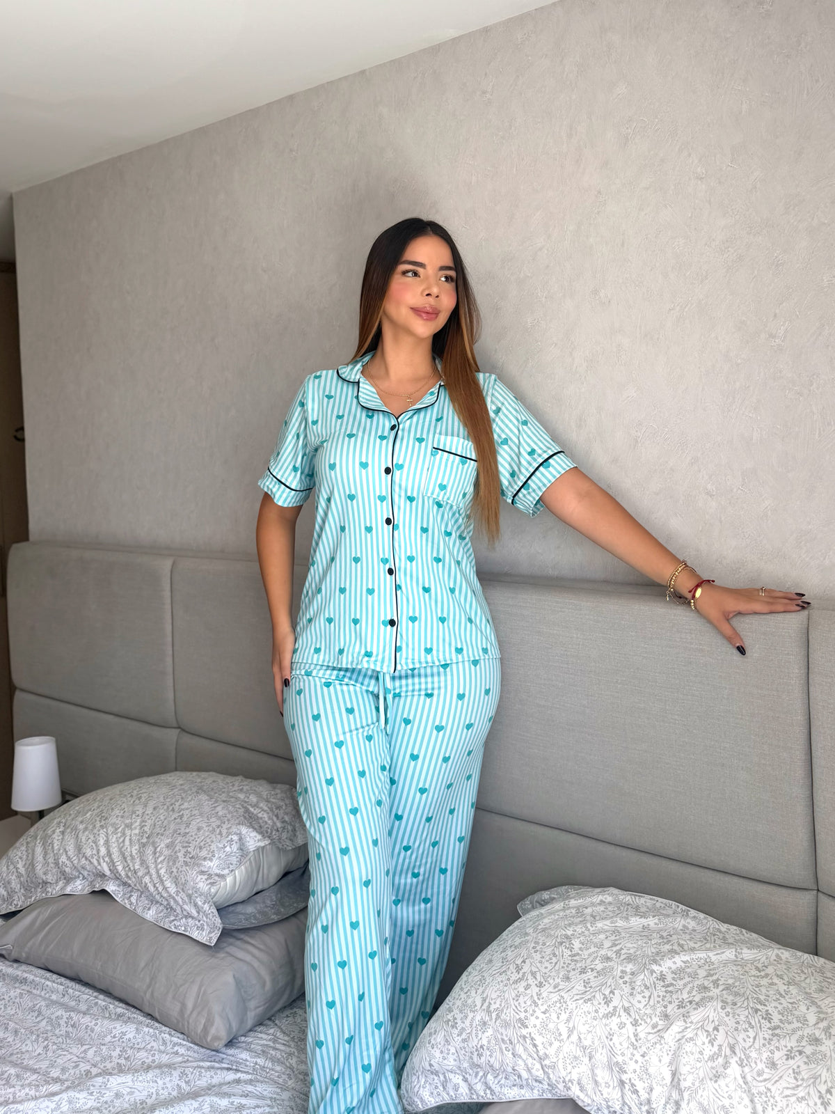 Pijama Botones Pantalón Referencia Rayas Verdes