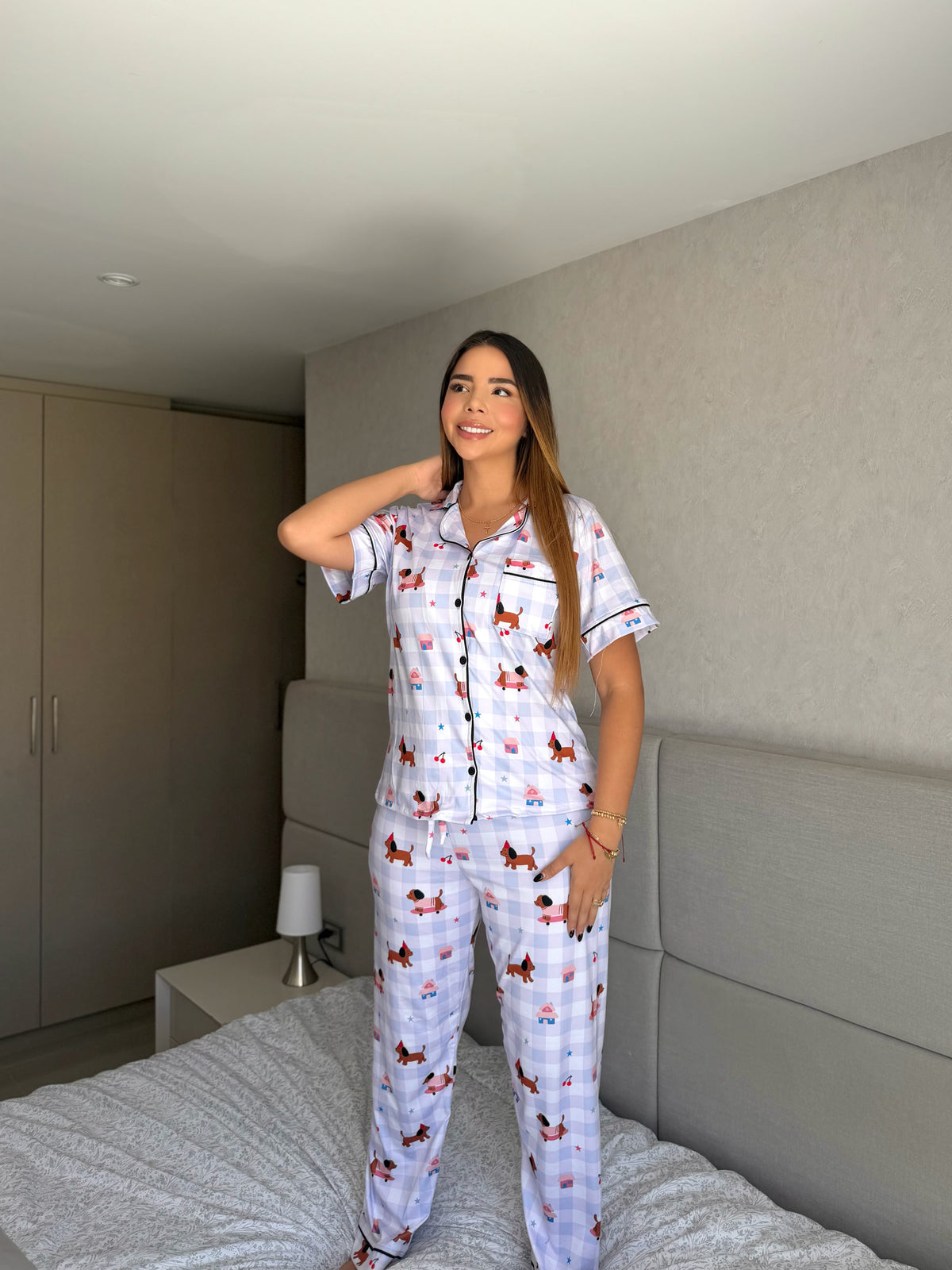 Pijama Botones Pantalón Referencia Cuadritos Perritos