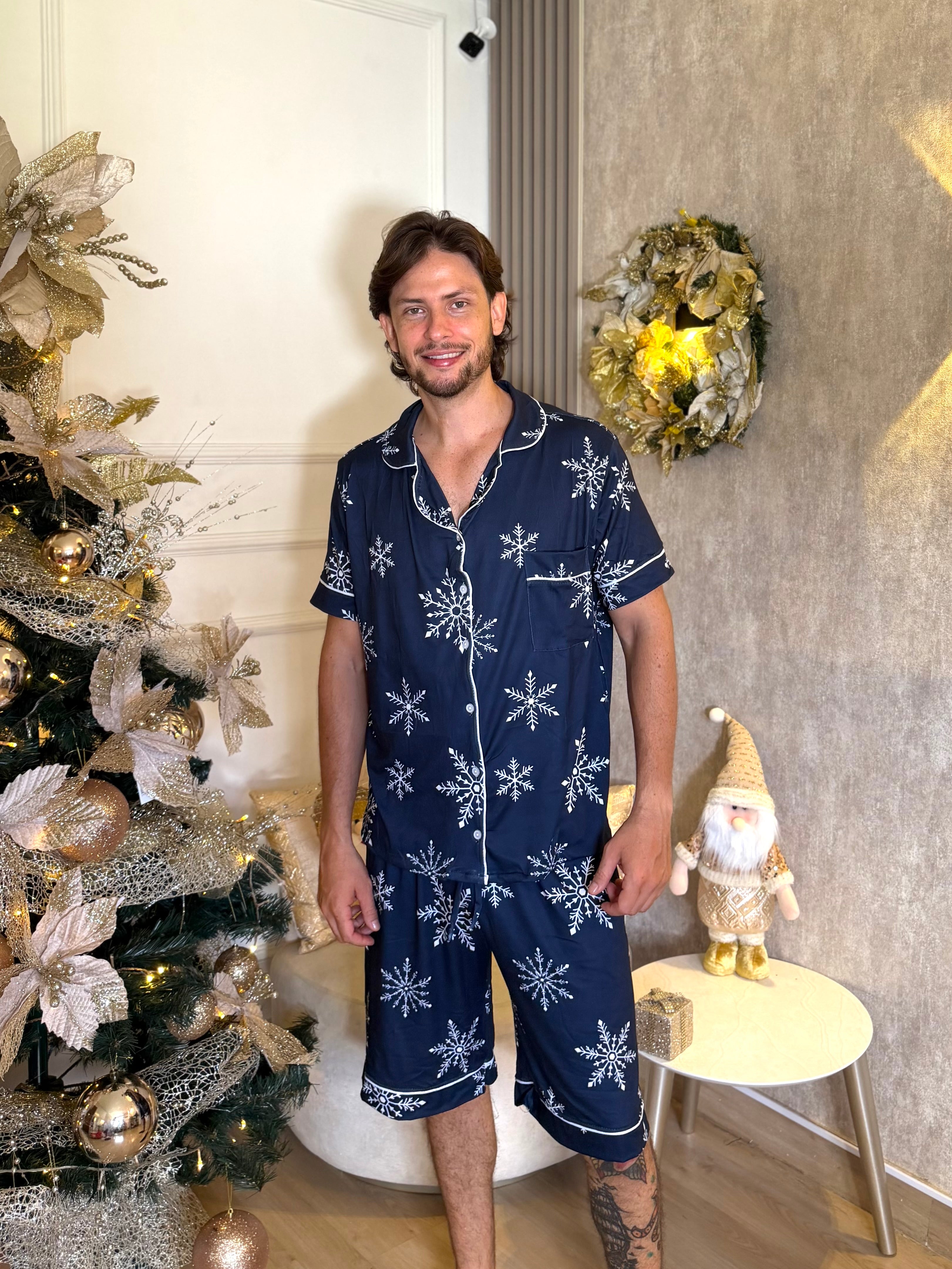 Pijama Navideña de Caballero botones Pantaloneta referencia Copo Navideño