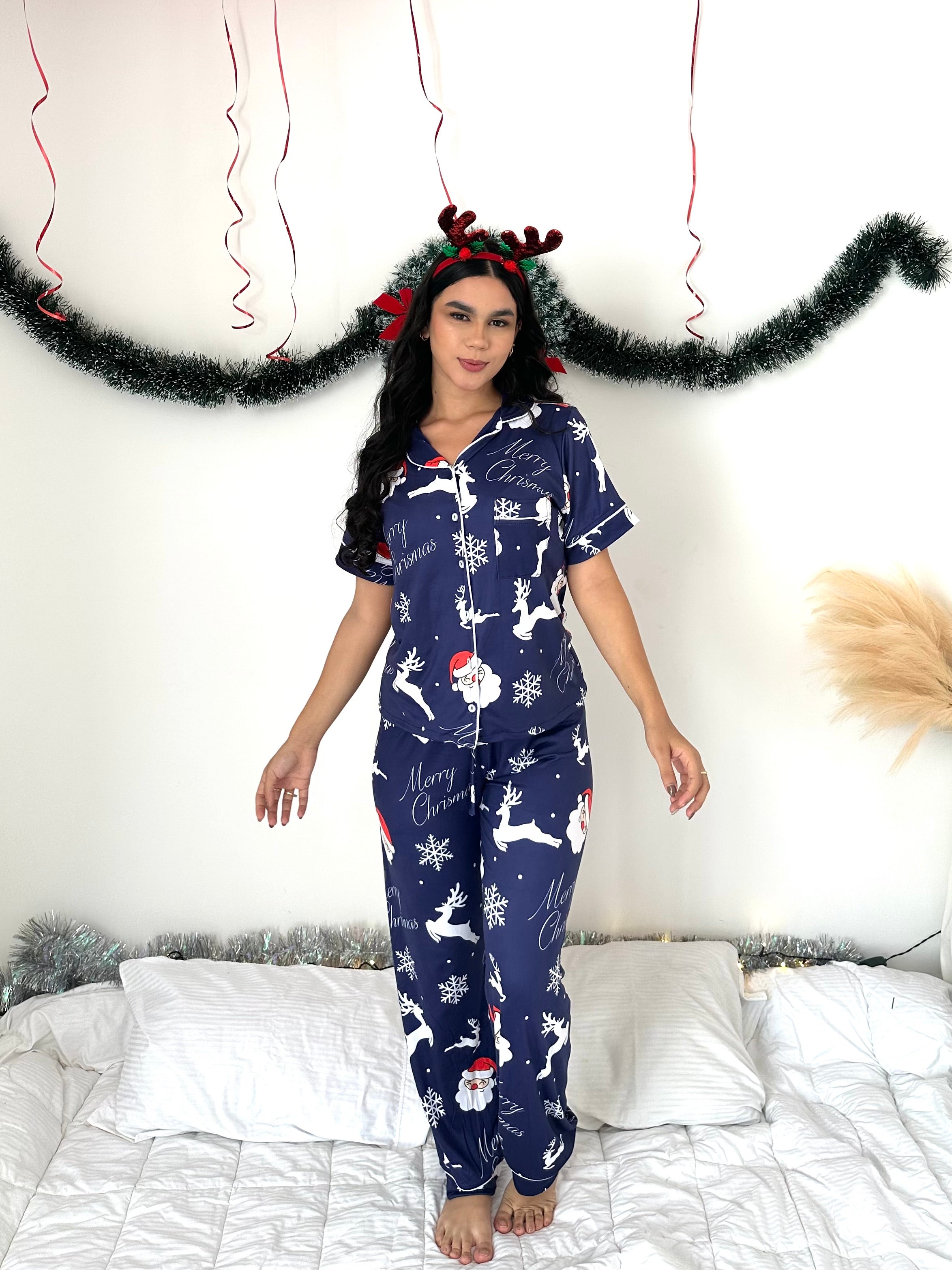 Pijama navideña de DAMA botones PANTALON referencia Papá Noel Azul Marino
