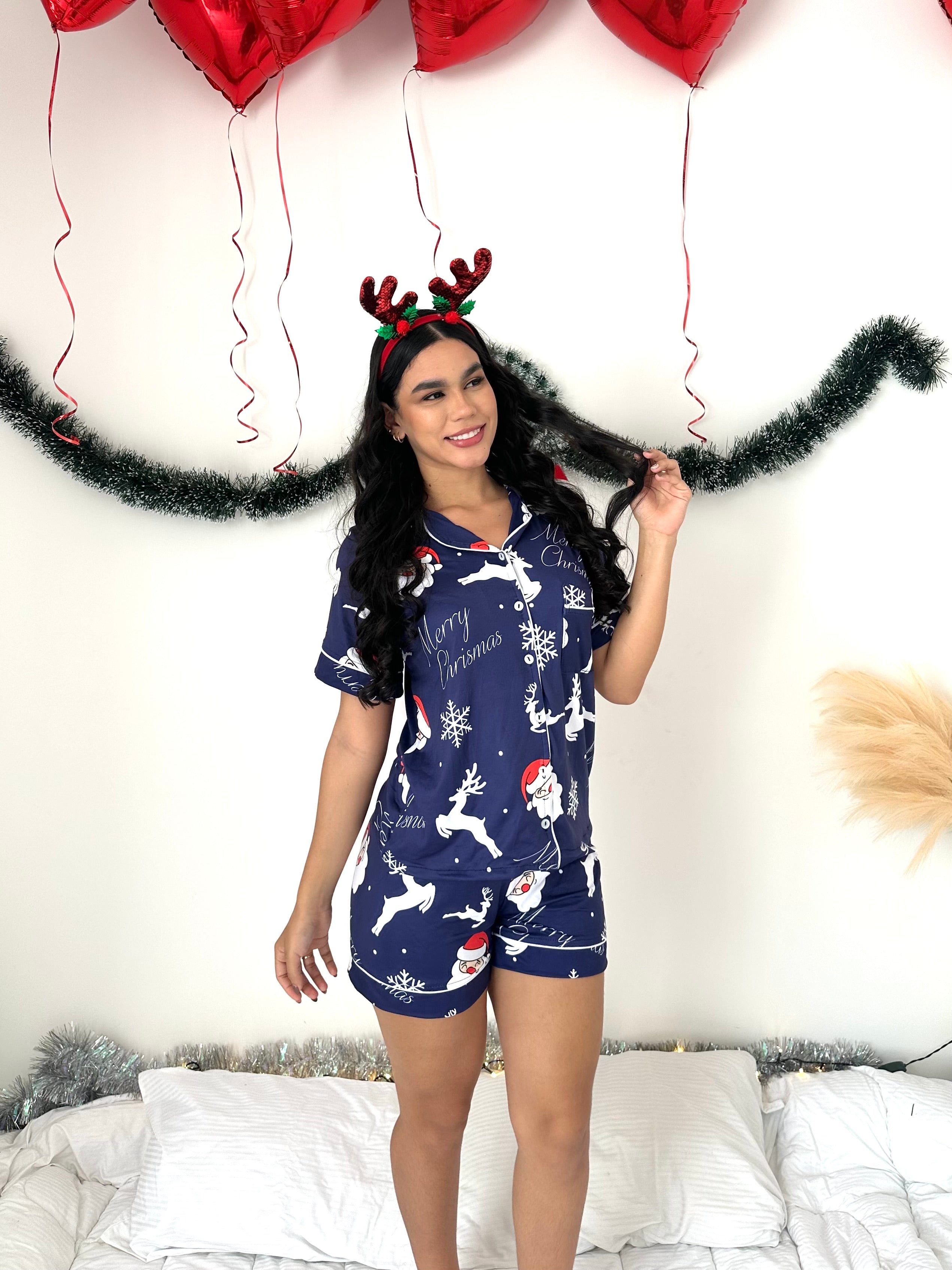 Pijama navideña de DAMA botones SHORT referencia Papá Noel Azul Marino
