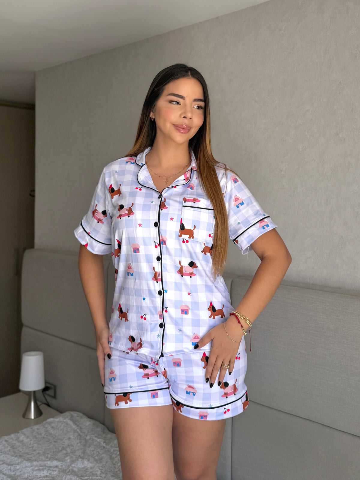 Pijama Referencia Botones Short Cuadritos Perritos