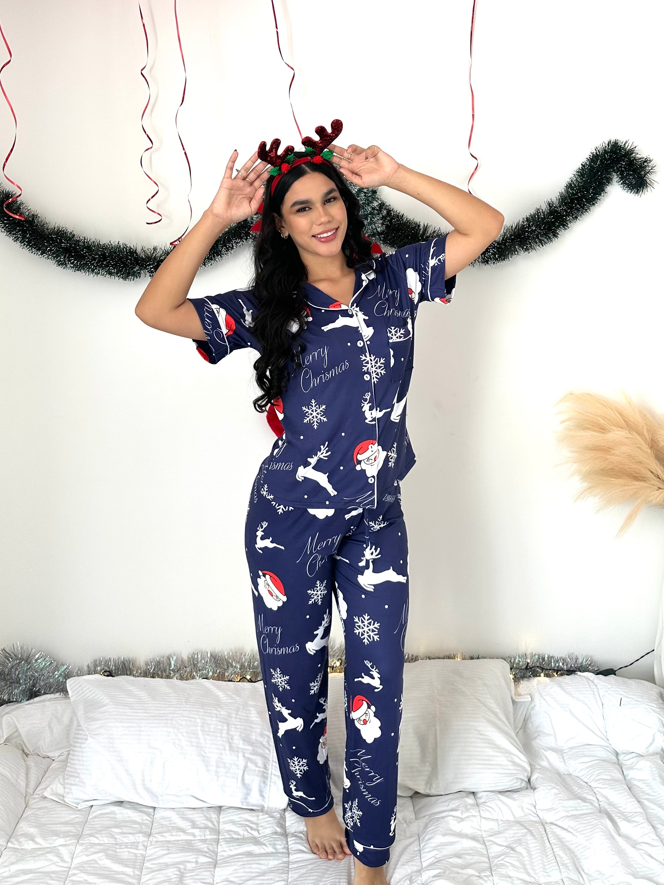 Pijama navideña de DAMA botones PANTALON referencia Papá Noel Azul Marino