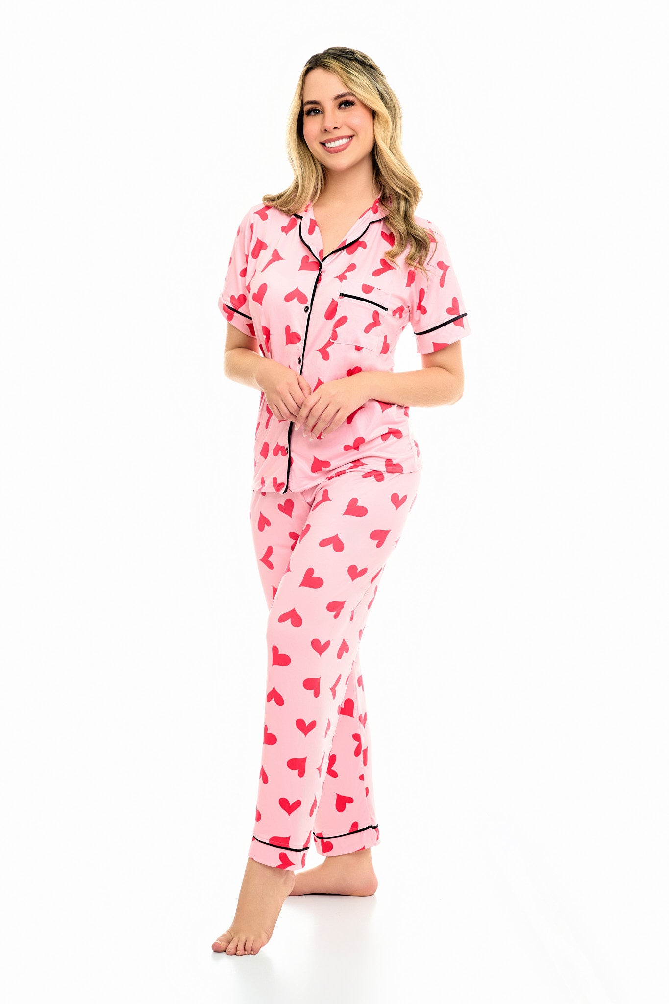 Pijama botones pantalón largo print estampado rosa corazones rojos