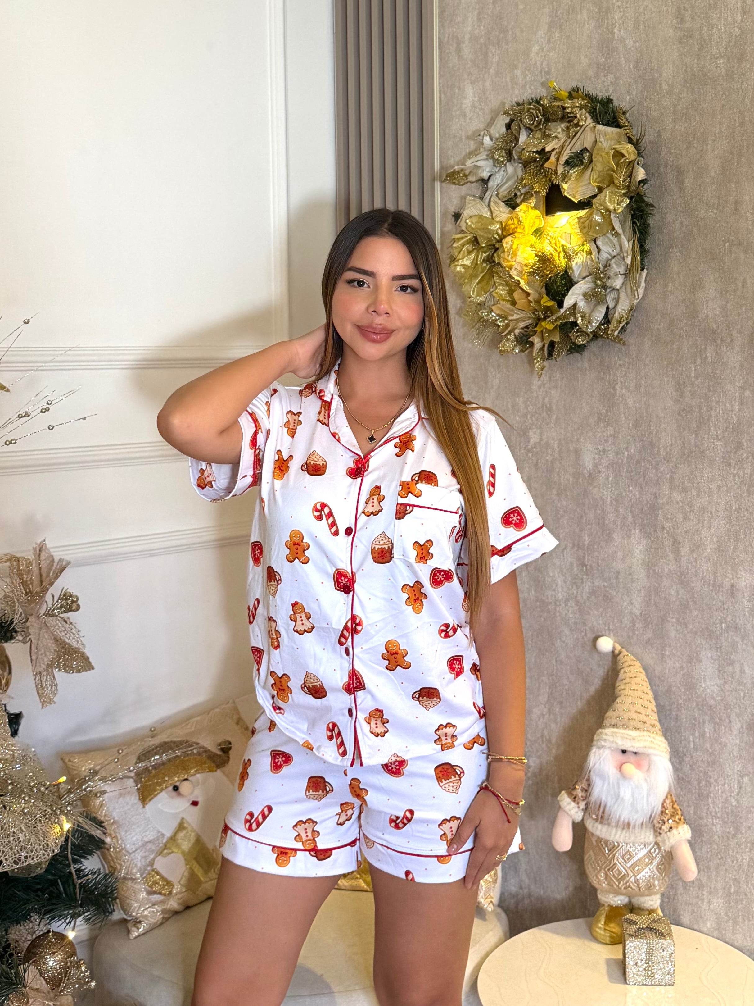 Pijama Navideña de Dama botones Short referencia Galleta