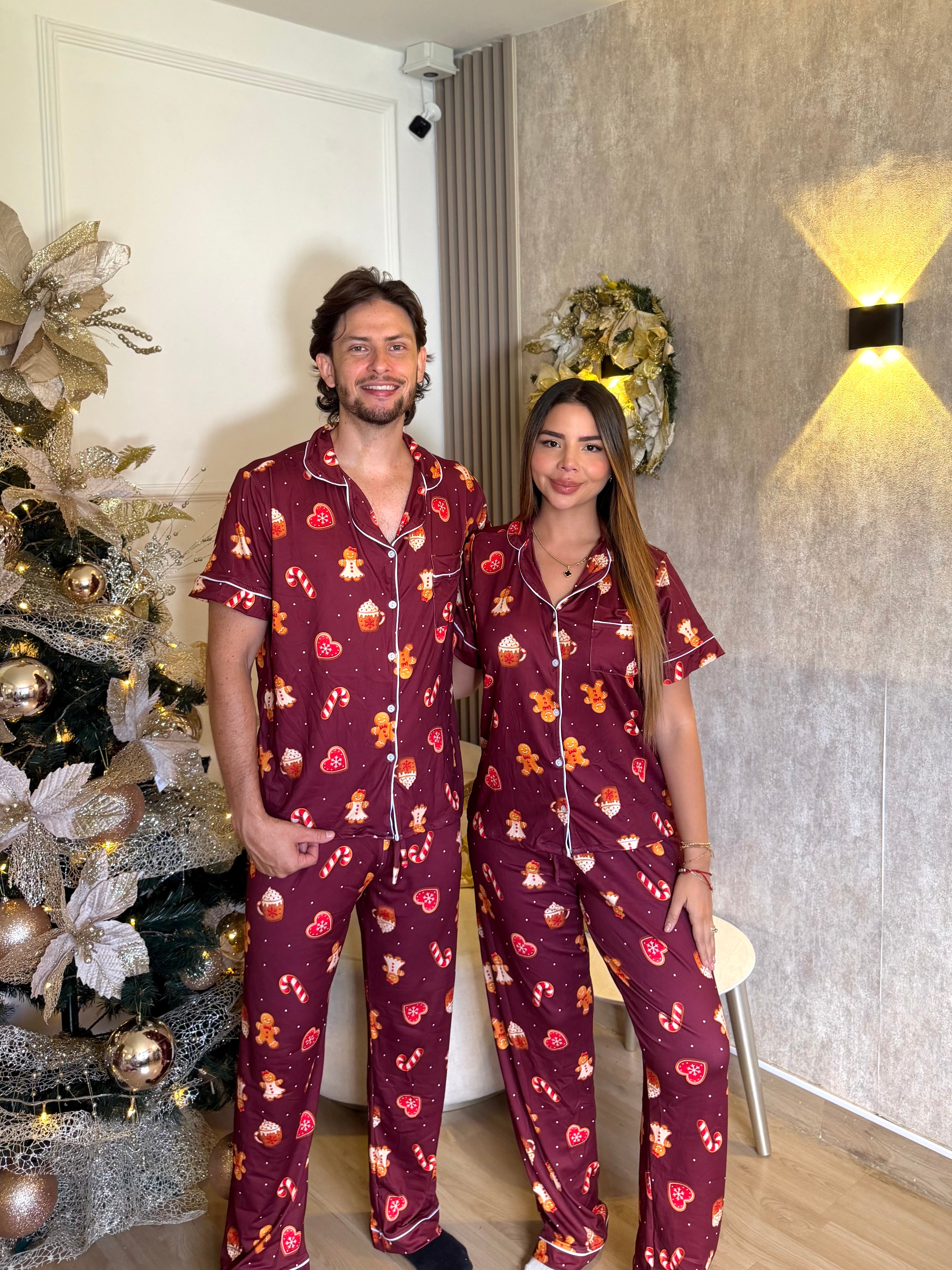 Pijama Navideña de Dama botones Pantalón referencia Galleta Vino Navidad