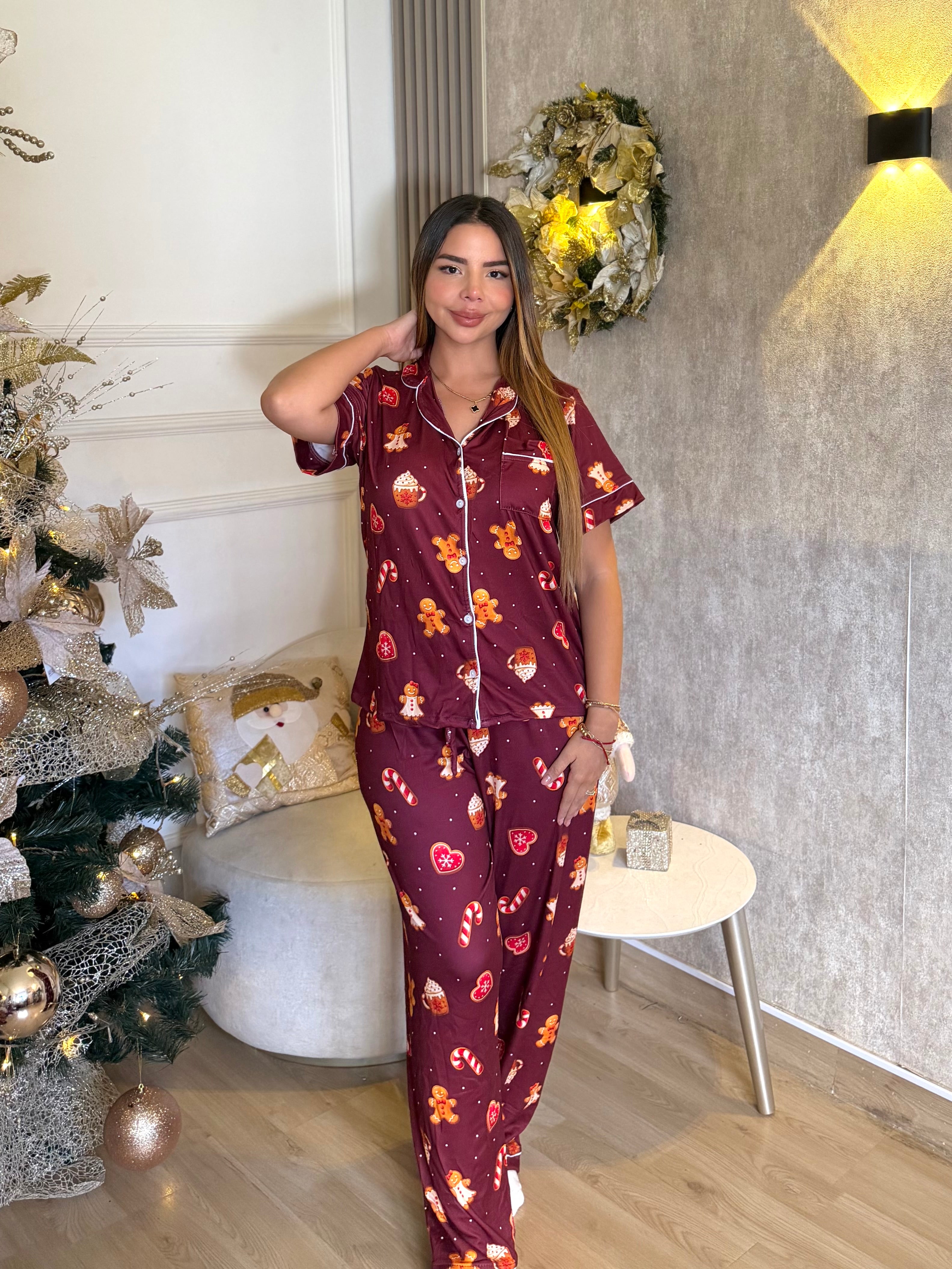 Pijama Navideña de Dama botones Pantalón referencia Galleta Vino Navidad