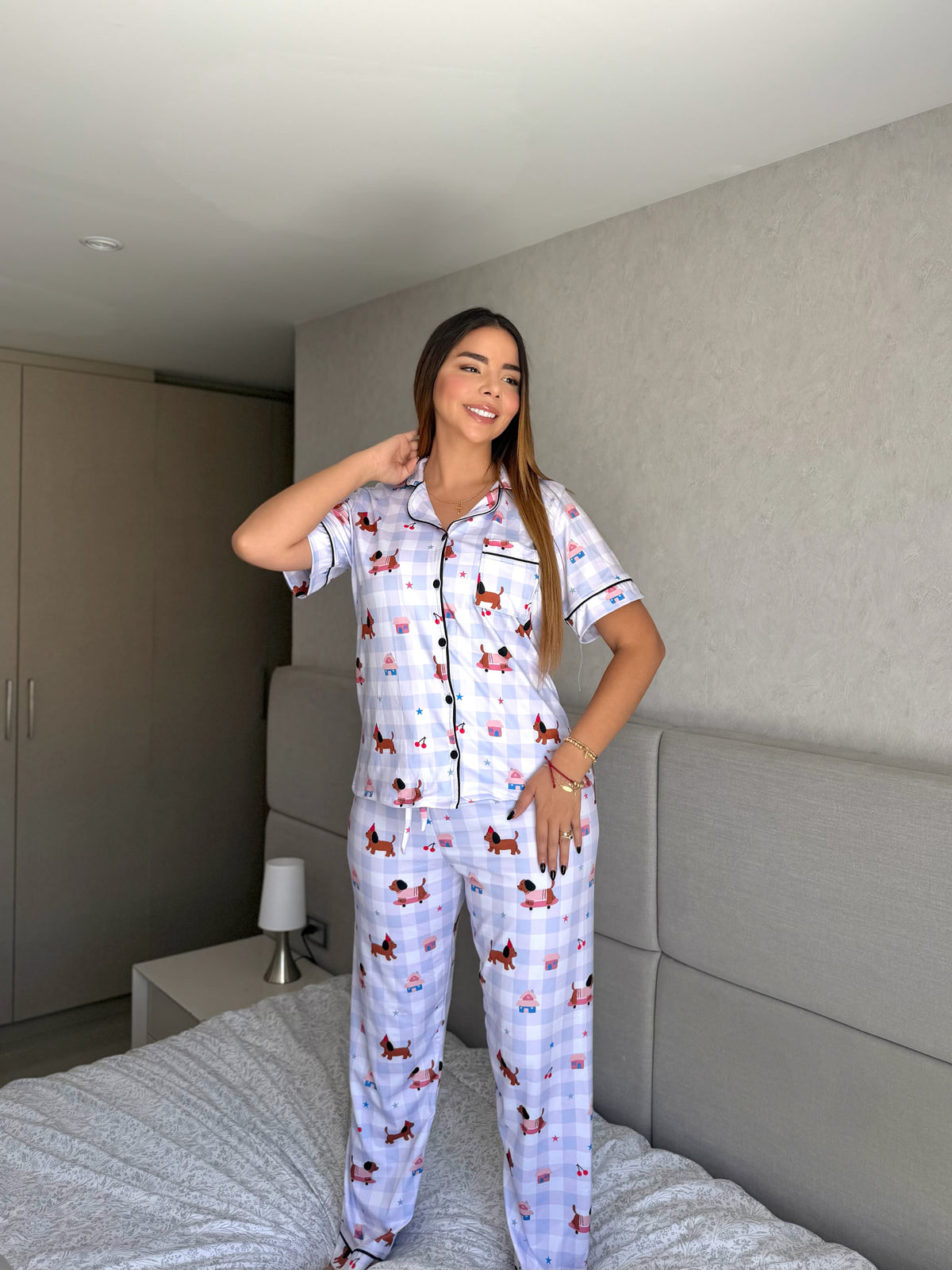 Pijama Botones Pantalón Referencia Cuadritos Perritos