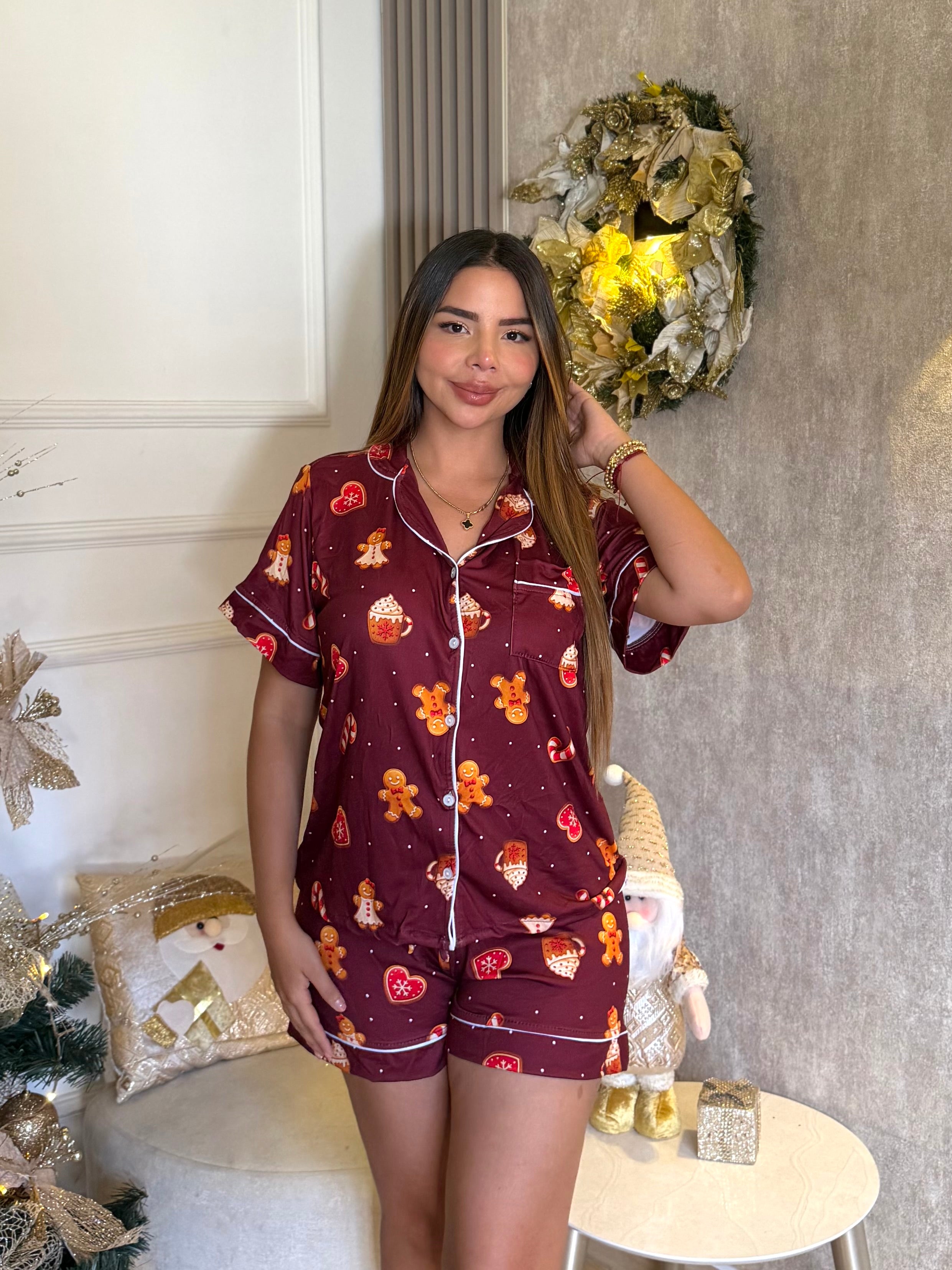 Pijama Navideña de Dama botones Short referencia Vino Navidad