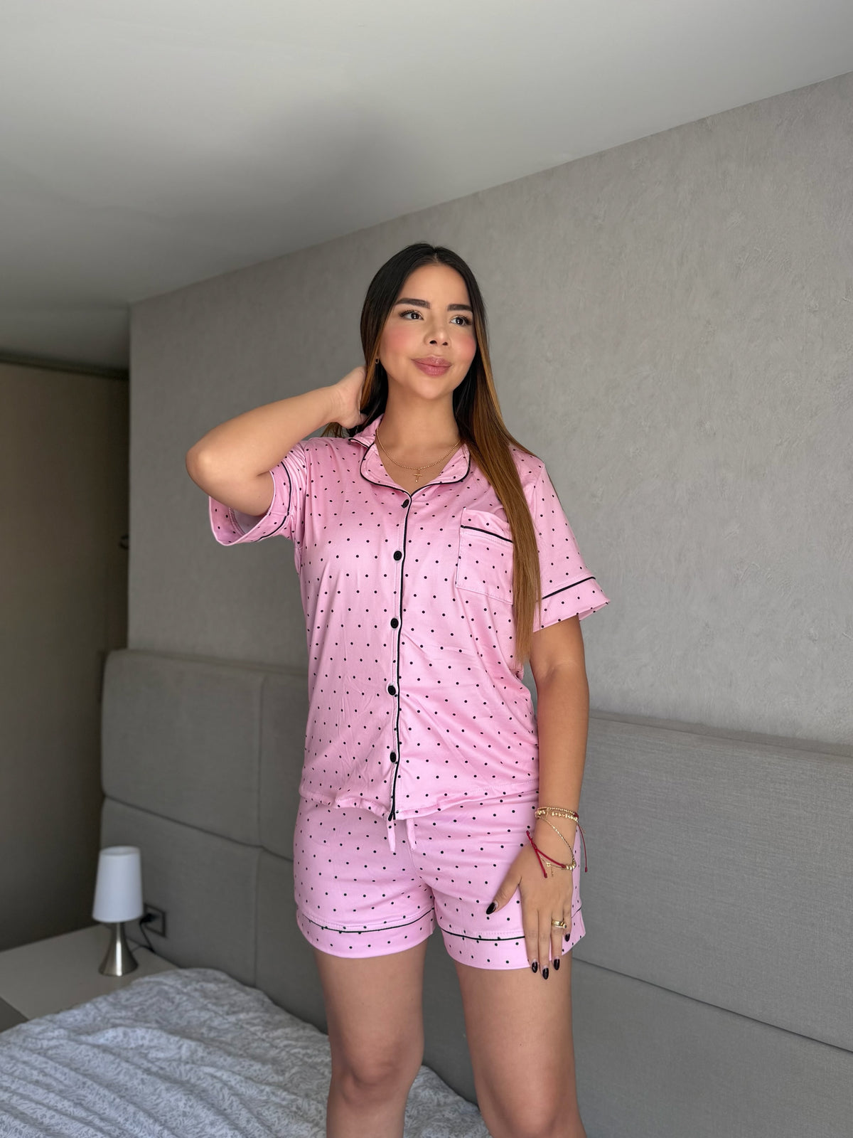 Pijama Referencia Botones Short Puntos Rosa