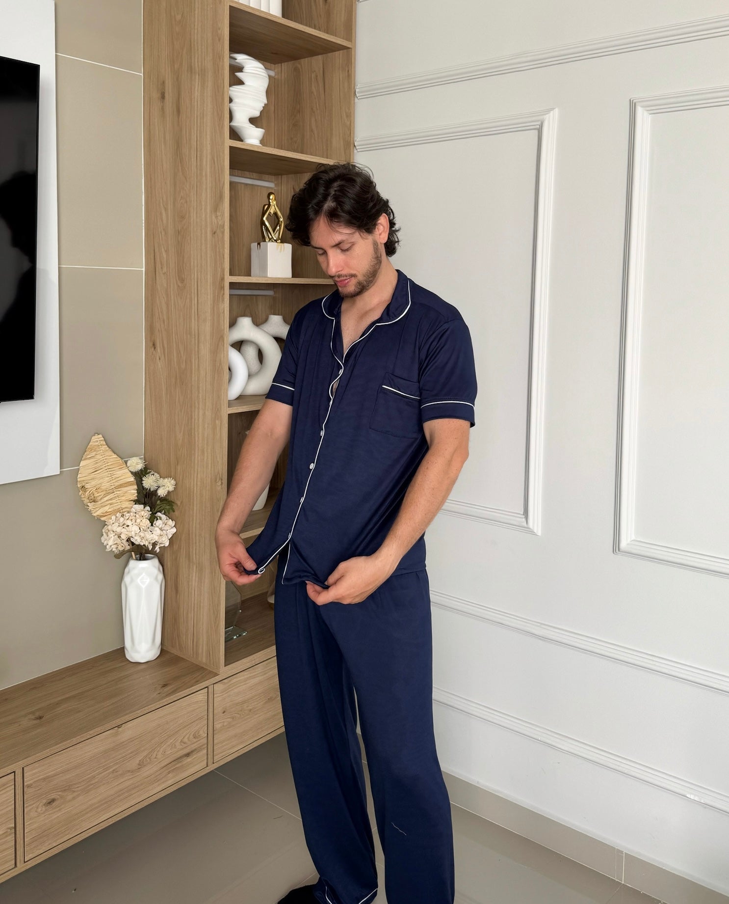 Pijama Botones Mujer Pantalón Color Azul Pareja