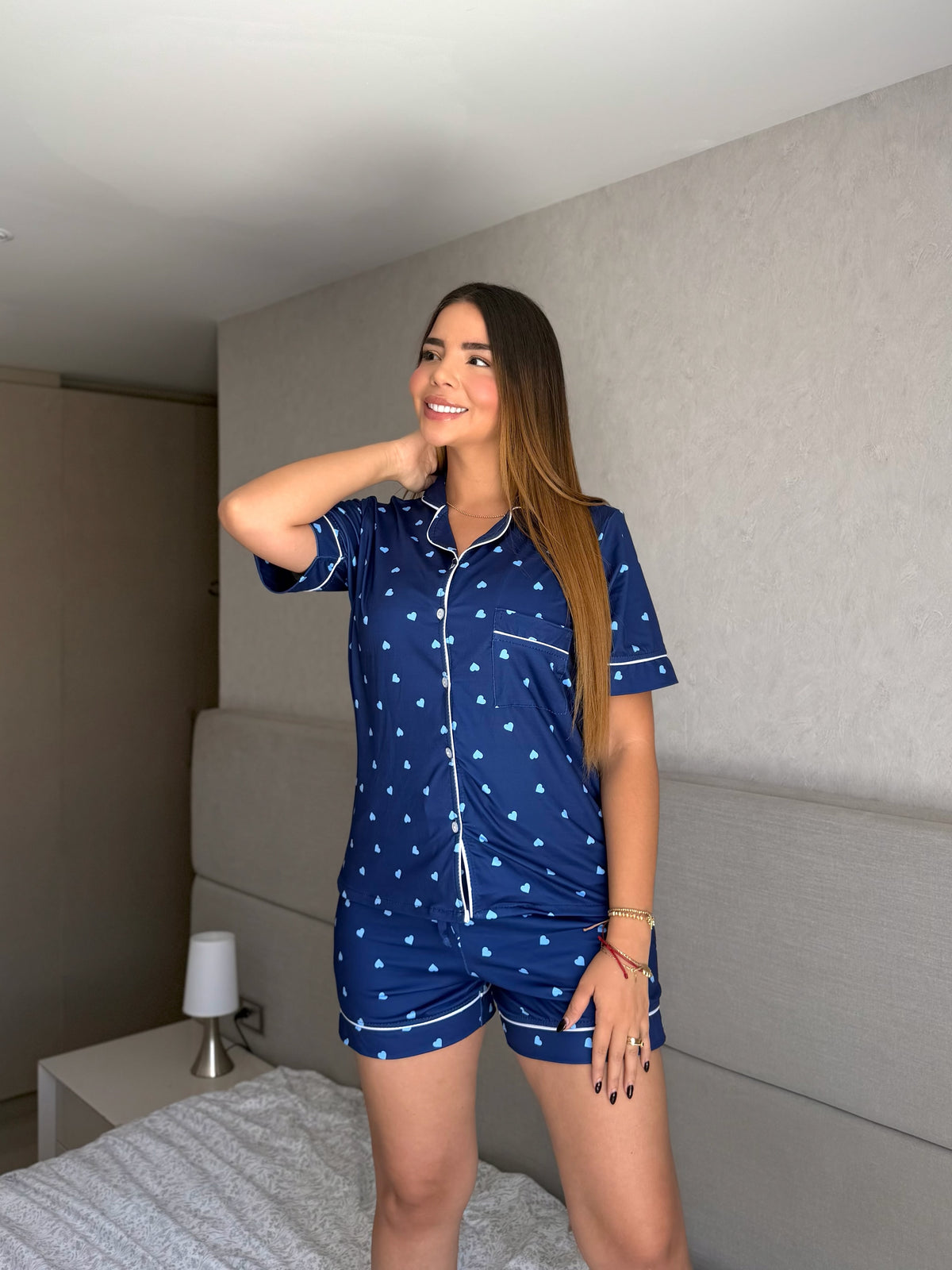 Pijama Referencia Botones Short Corazon Azul