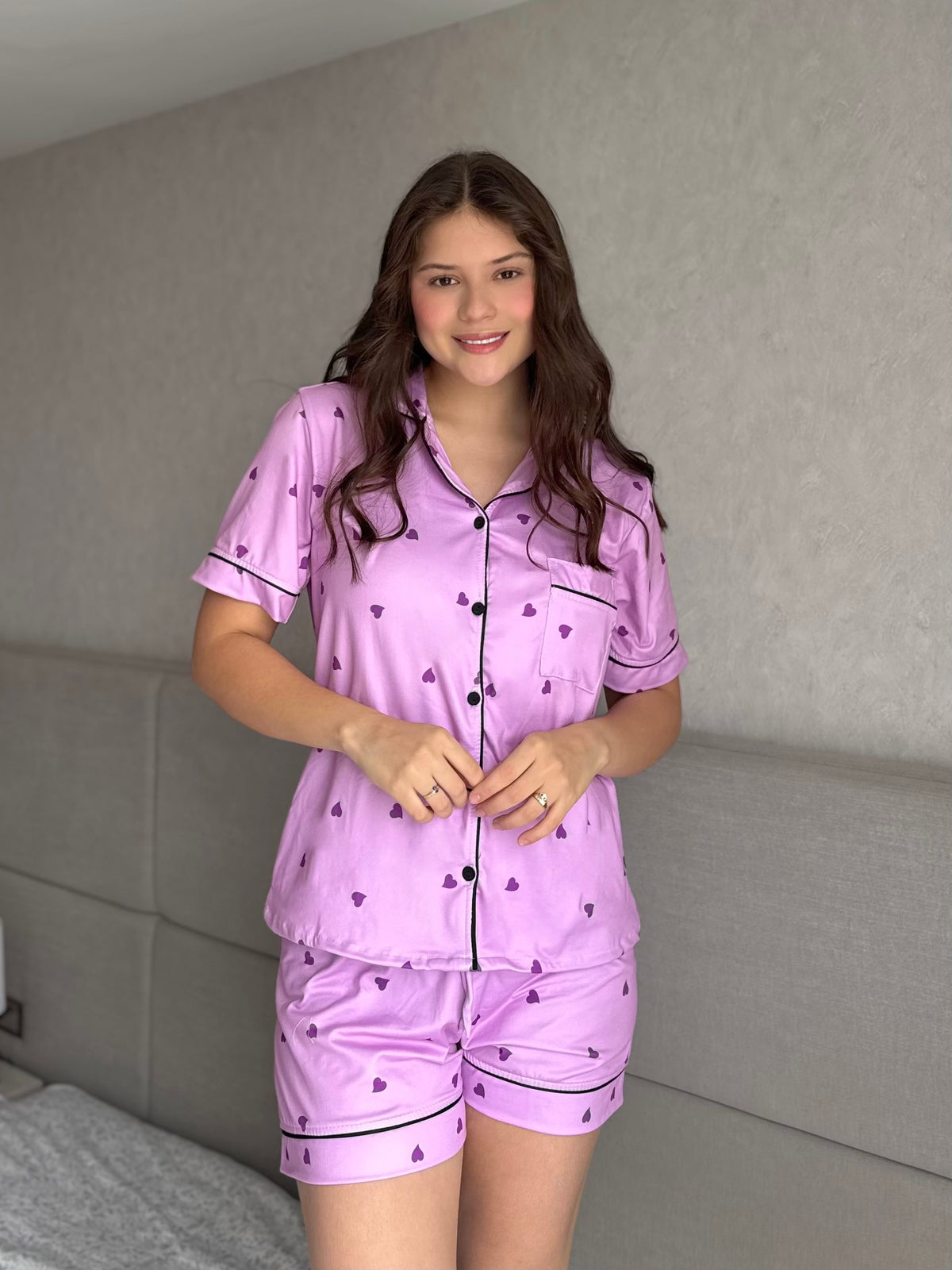 Pijama Botones Short Referencia Corazón Morado