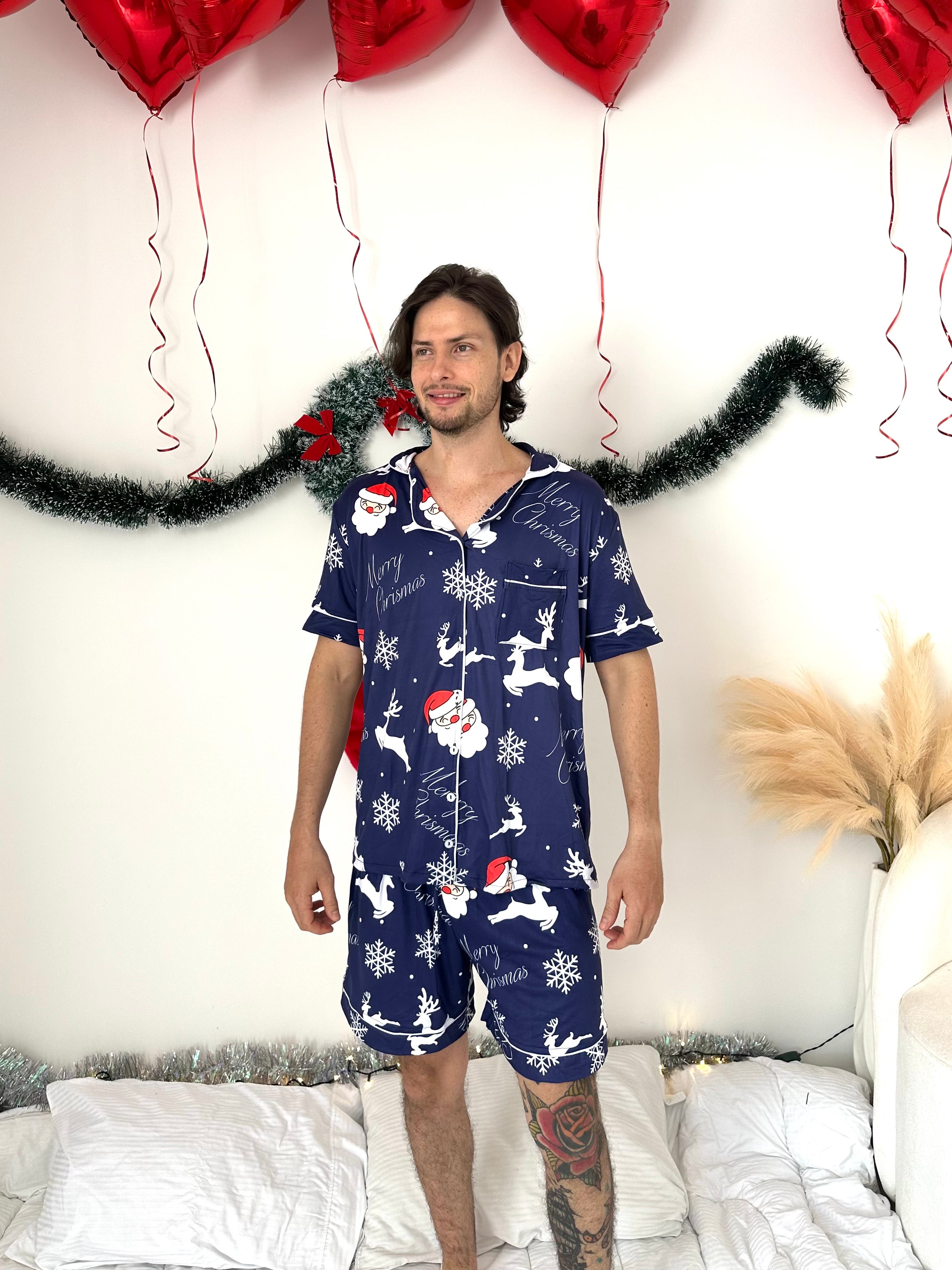 Pijama navideña de CABALLERO botones PANTALONETA Papá Noel Azul Marino