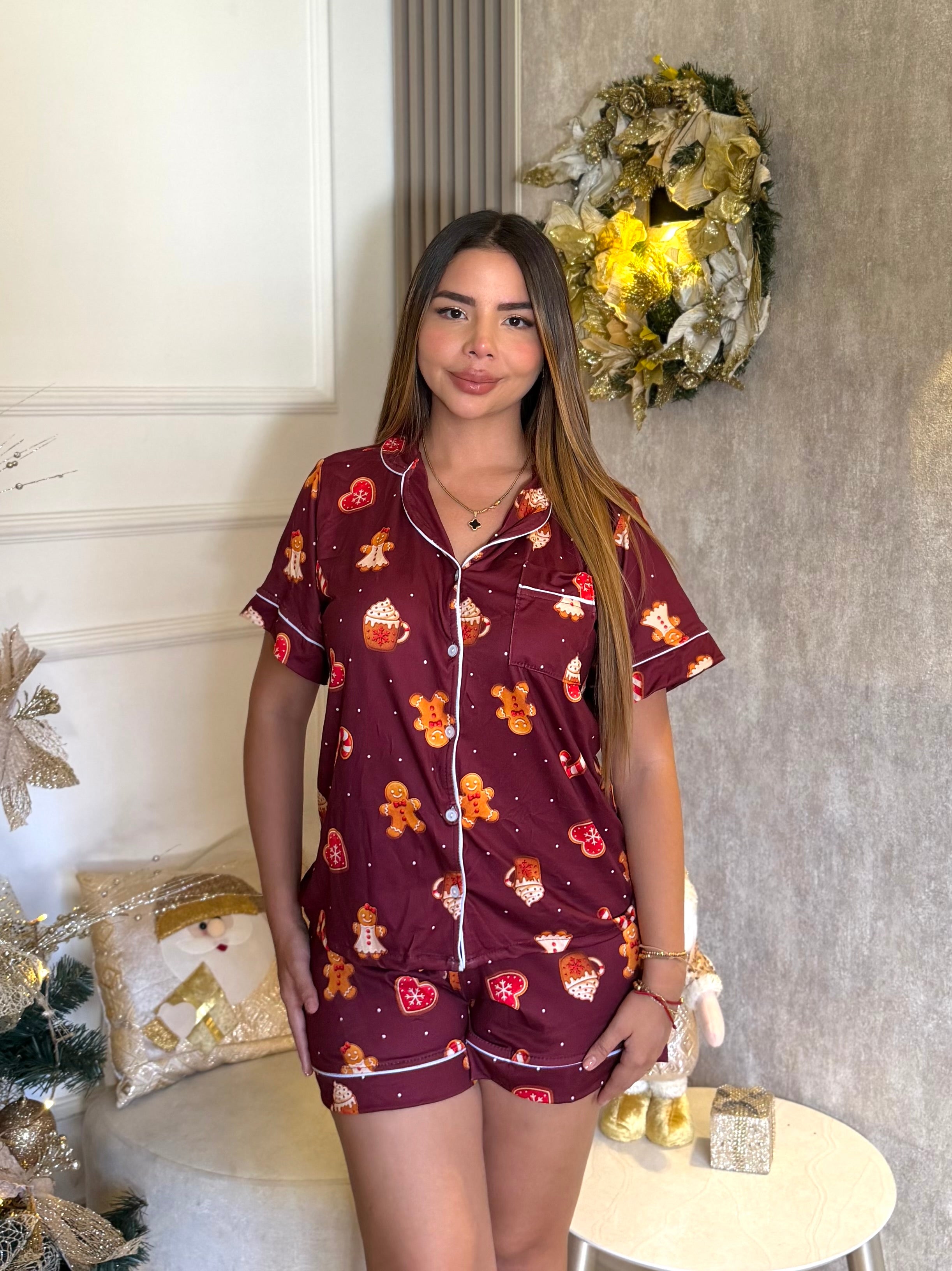 Pijama Navideña de Dama botones Short referencia Vino Navidad