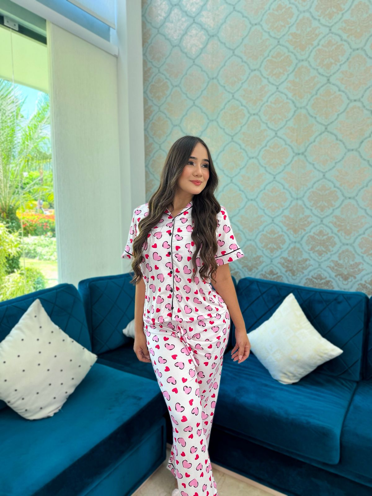 Pijama Botones Pantalón Largo Referencia Corazones Print