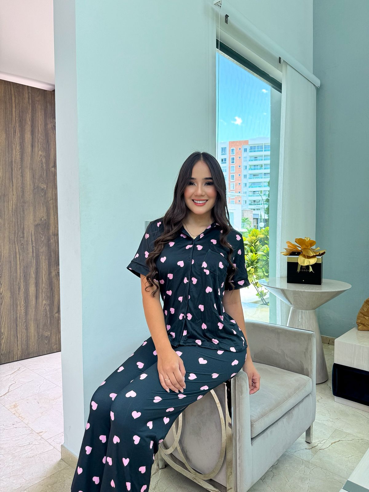 Pijama Botones Pantalón Largo Referencia Negro Corazones