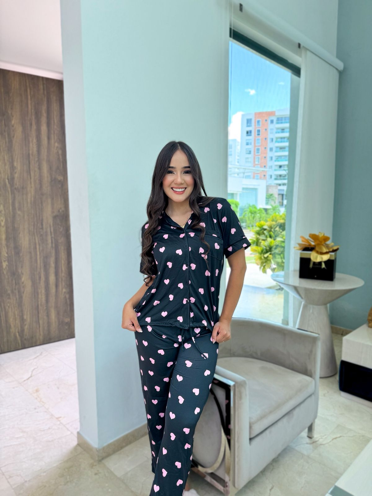 Pijama Botones Pantalón Largo Referencia Negro Corazones