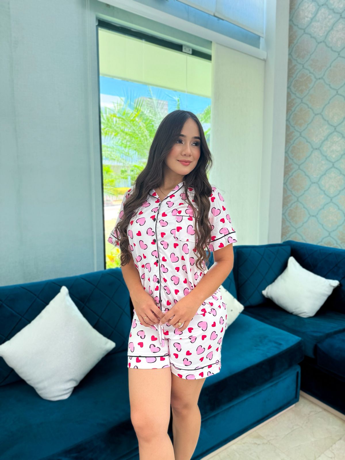 Pijama Referencia Botones Short Referencia Corazones Print