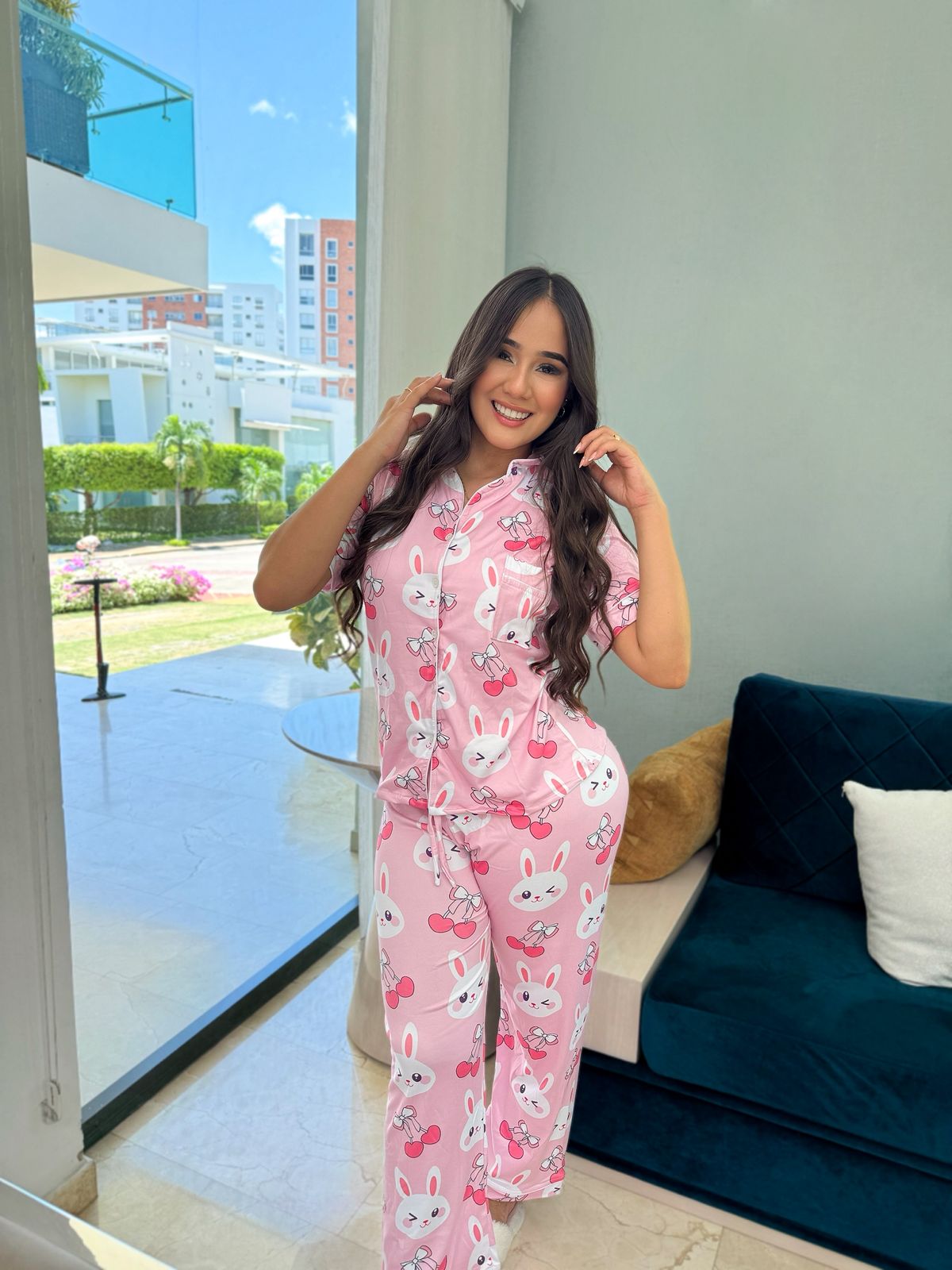 Pijama Botones Pantalón Largo Referencia Conejitos Rosa