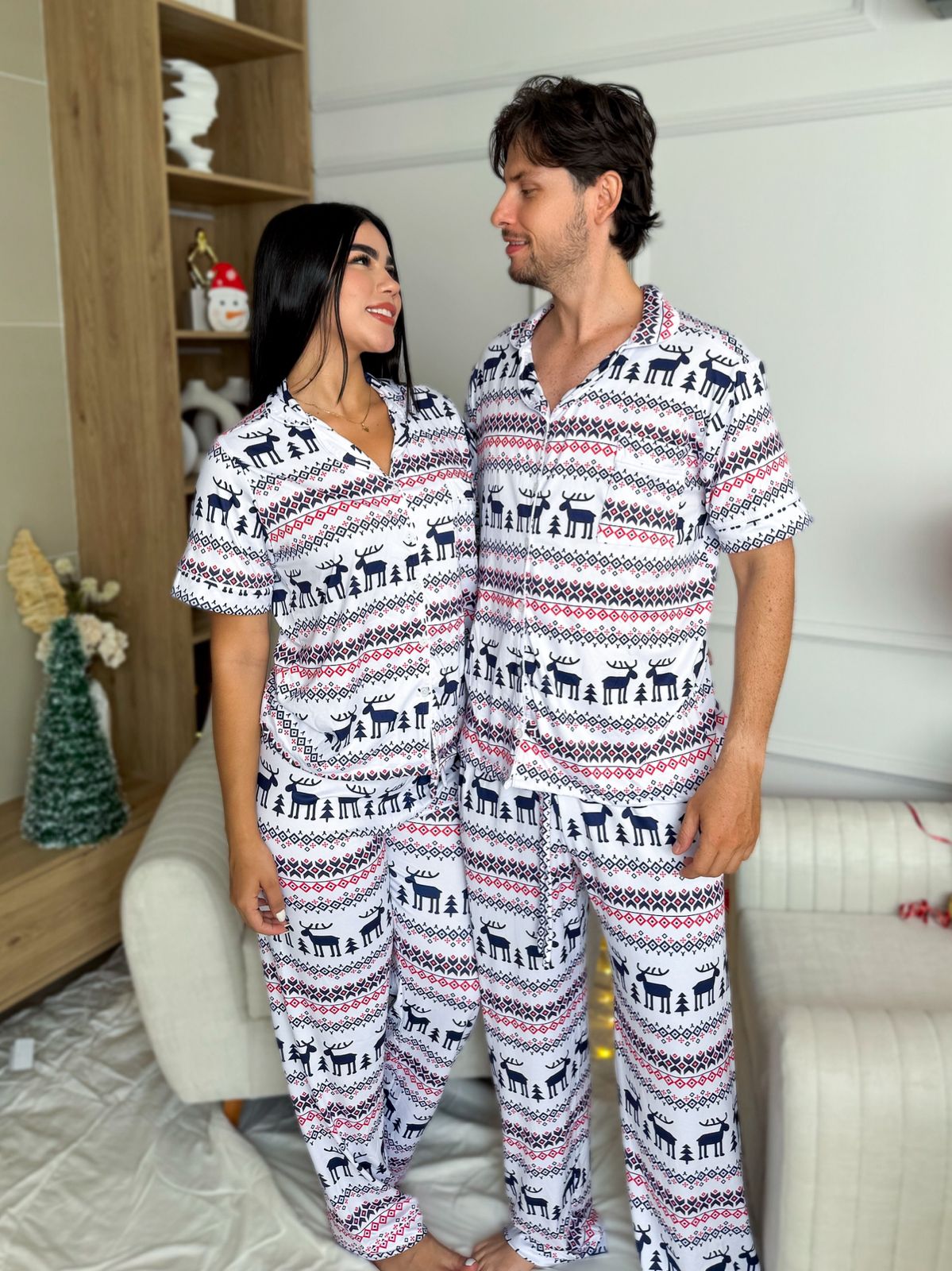 Pijama navideña de DAMA botones PANTALON referencia RENO BLANCO