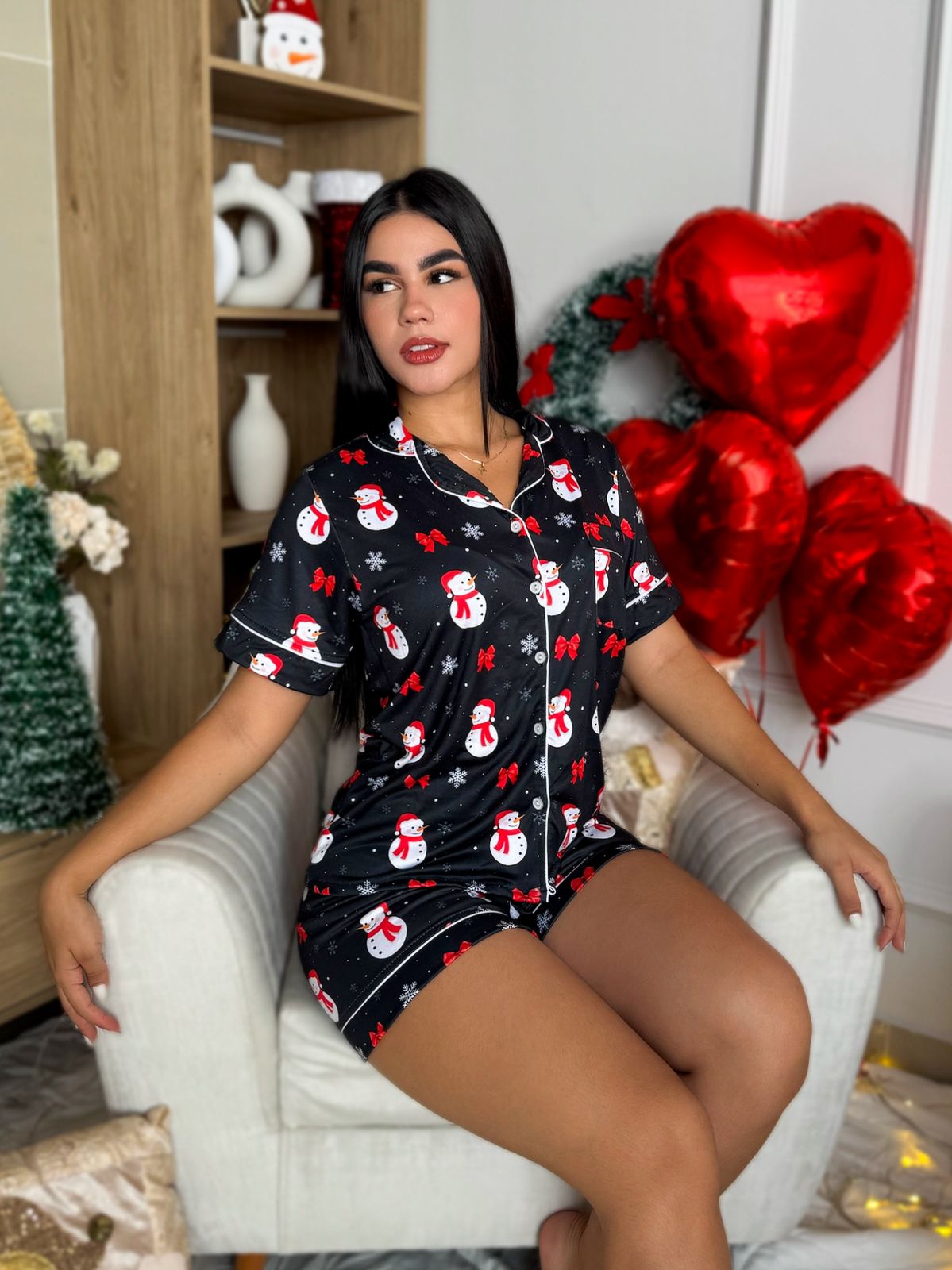 Pijama navideña de DAMA botones SHORT referencia NEGRO MUÑECO