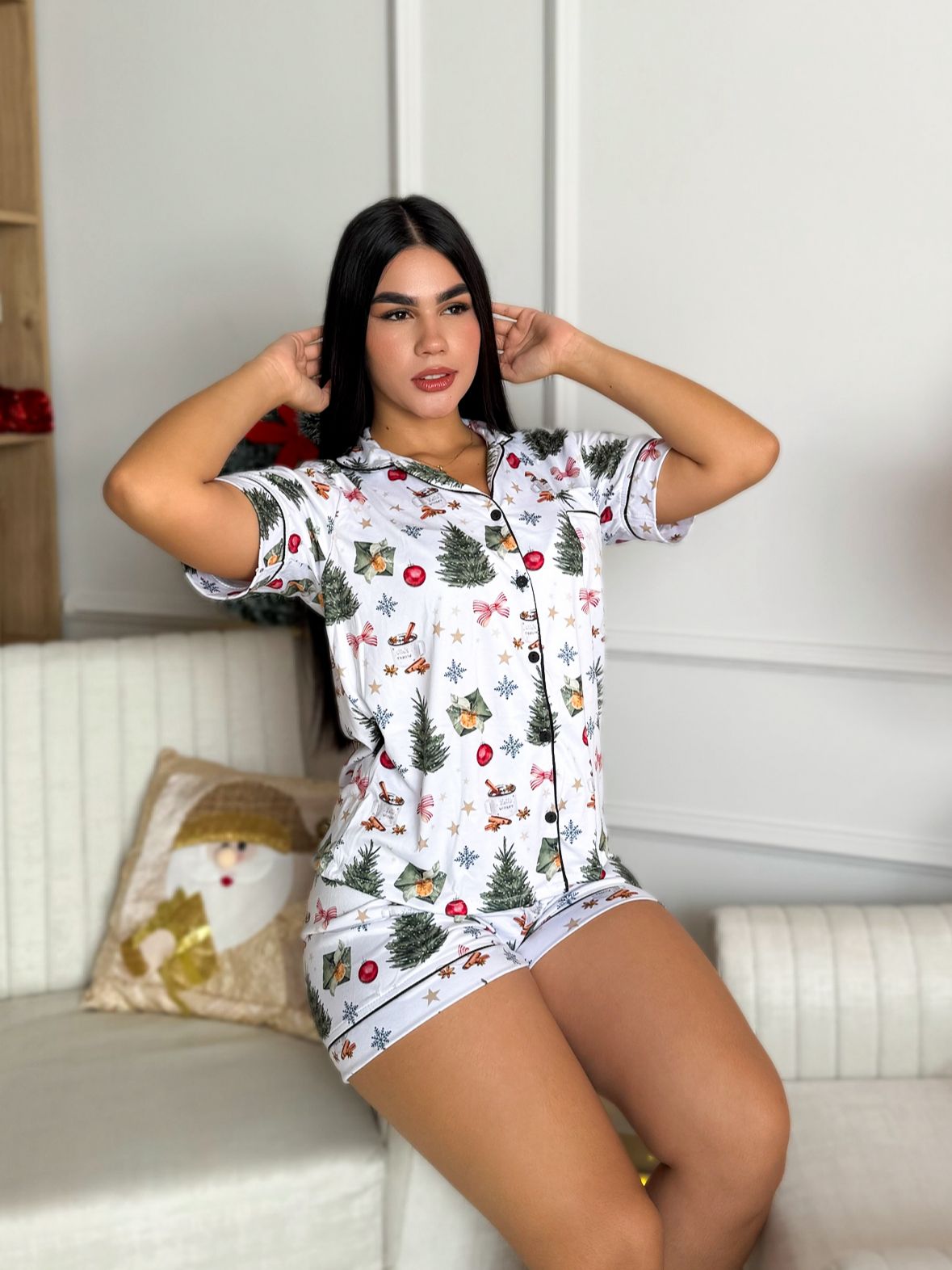 Pijama navideña de DAMA botones SHORT referencia ARBOL NAVIDAD